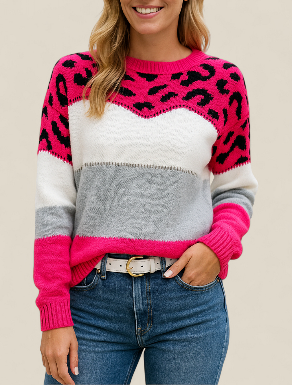 Women’s Leopard Print Jumper - Contrasting Colour Knit Winter Sweater