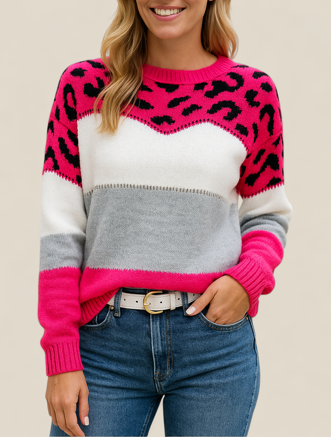 Women’s Leopard Print Jumper - Contrasting Colour Knit Winter Sweater