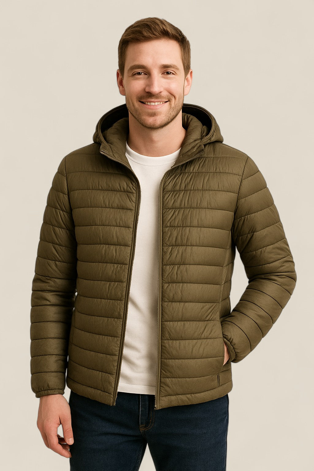 Men’s Lightweight Down Jacket, Slim Fit Hooded Puffer Coat