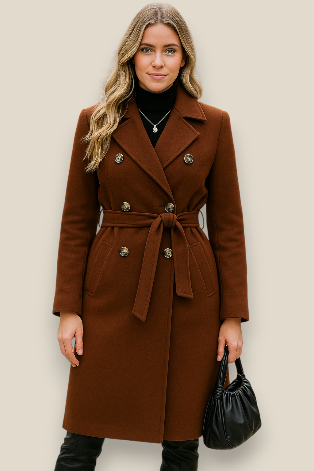 Women’s Belted Wool Coat - Double Breasted Elegant Long Sleeve Jacket