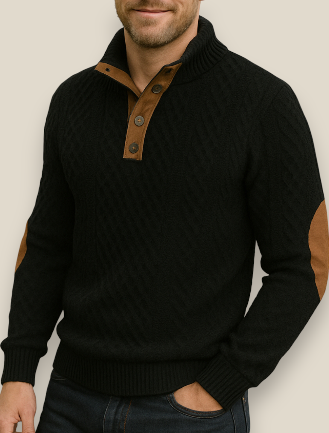Men’s Jacquard Knit Jumper, Long Sleeve Button Sweatshirt, Casual Business Pullover
