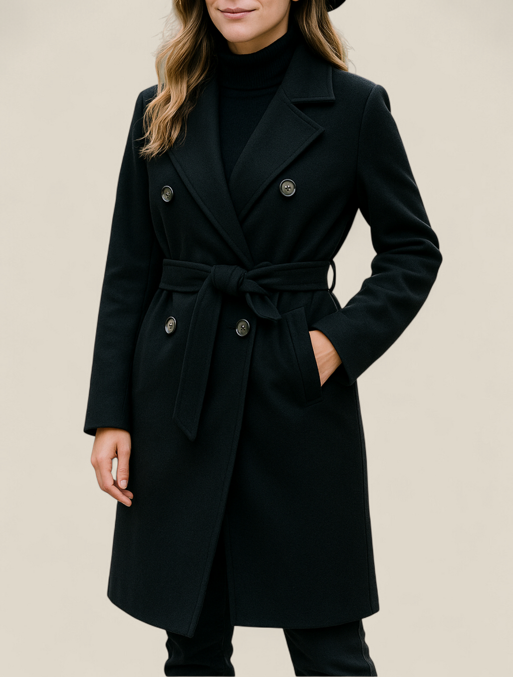 Women’s Wool Trench Coat, Double Breasted Overcoat, Belted Winter Jacket