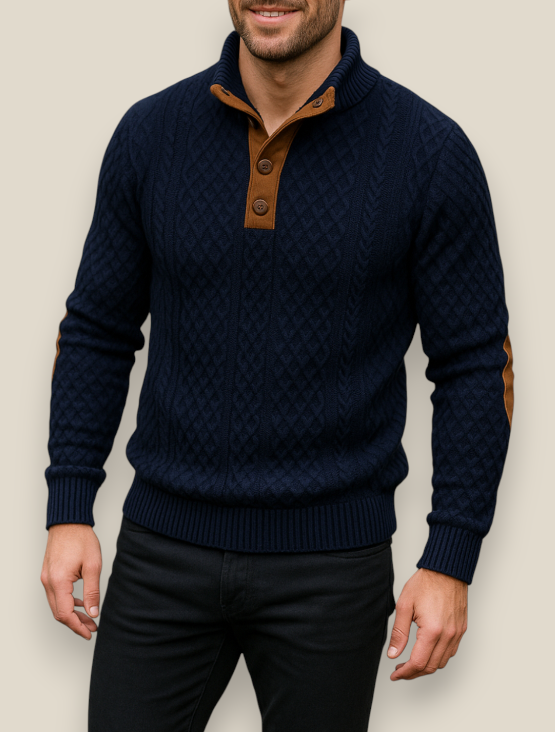 Men’s Jacquard Knit Jumper, Quilted Long Sleeve Sweater, Warm Casual Top