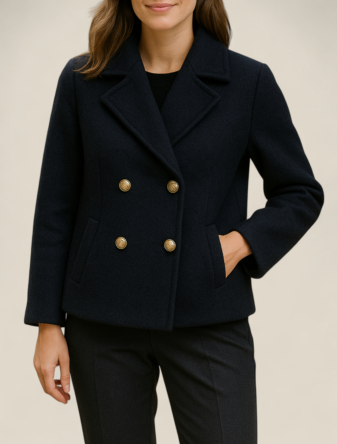 Women’s Double Breasted Coat, Pearl Button French Style Jacket, Warm Winter Top