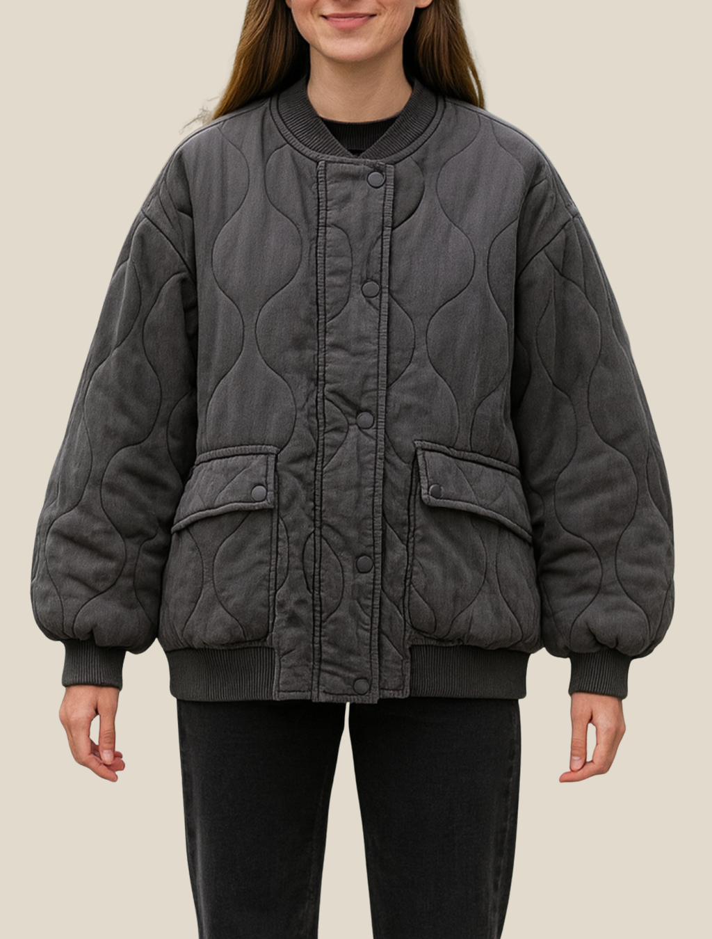 Women’s Quilted Bomber Jacket, Casual Warm Padded Winter Coat Long Sleeve With Zip
