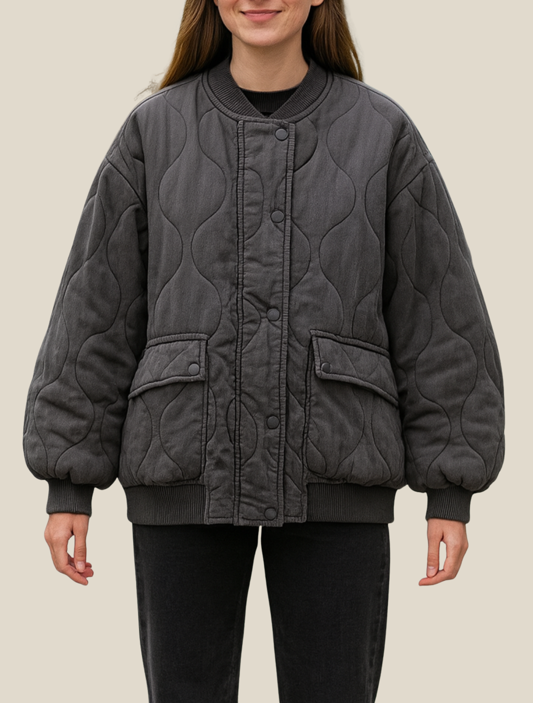 Women’s Quilted Bomber Jacket, Casual Warm Padded Winter Coat Long Sleeve With Zip