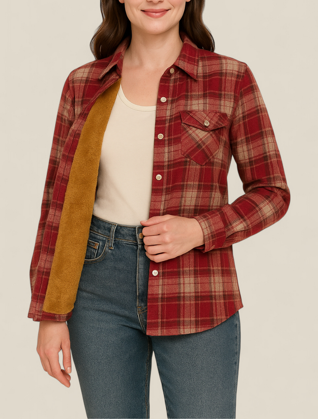 Women’s Plaid Shirt Jacket - Elegant Fleece Winter Slim Fit Blouse