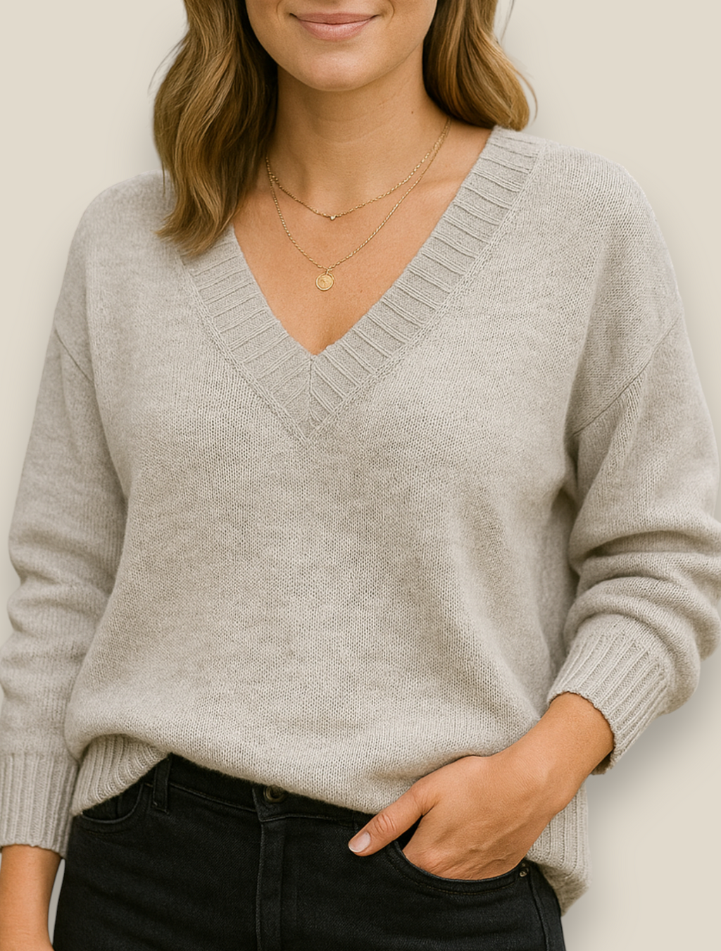 Women’s Casual Knit Jumper, Long Sleeve Winter V-Neck Sweatshirt