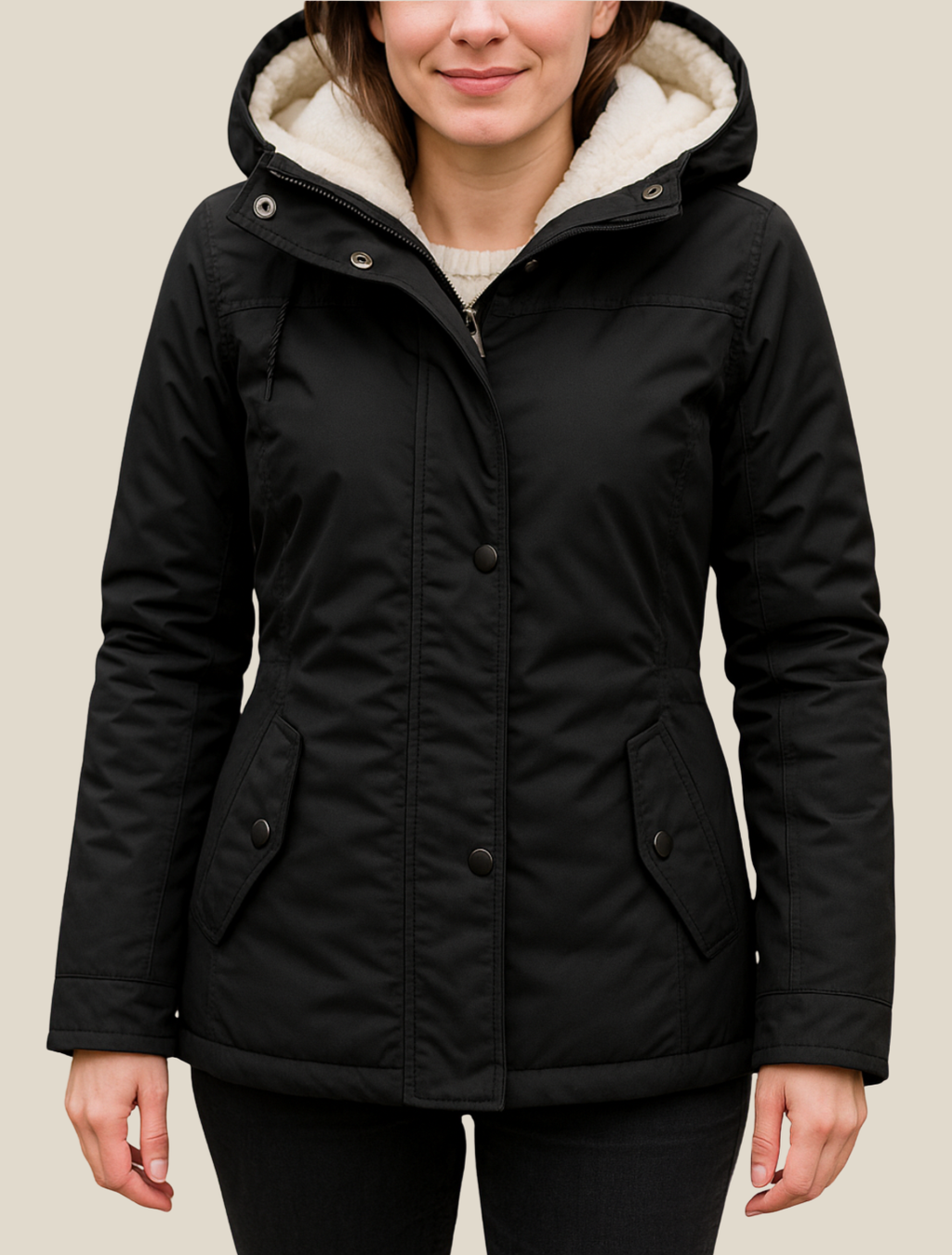 Women’s Hooded Jacket With Fleece Lining, Thick Warm Mid-Length Winter Coat For Winter