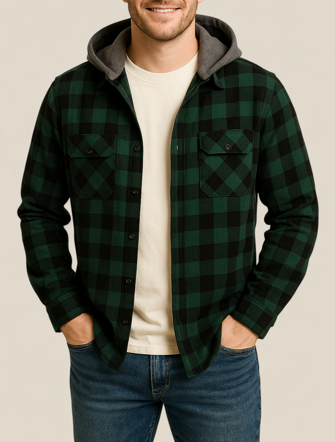 Men’s Hooded Flannel Shirt - Classic Plaid Long Sleeve Button Down Jacket