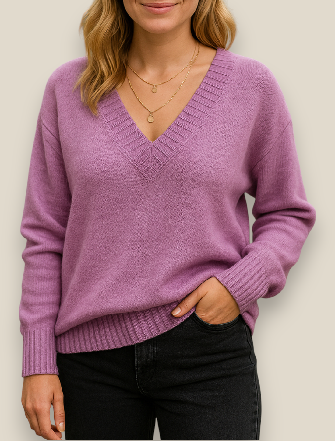 Women’s Casual Knit Jumper, Long Sleeve Winter V-Neck Sweatshirt