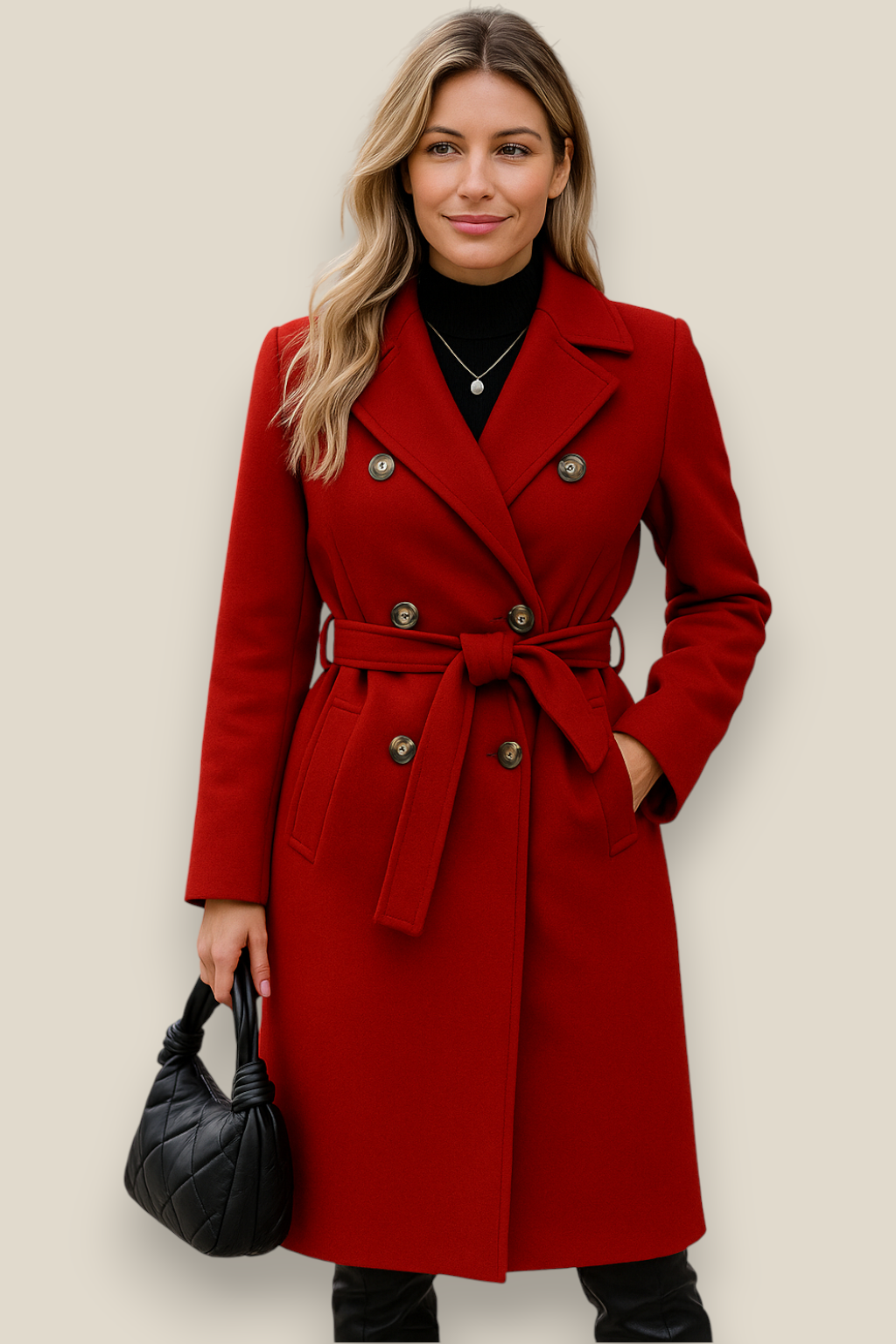 Women’s Belted Wool Coat - Double Breasted Elegant Long Sleeve Jacket