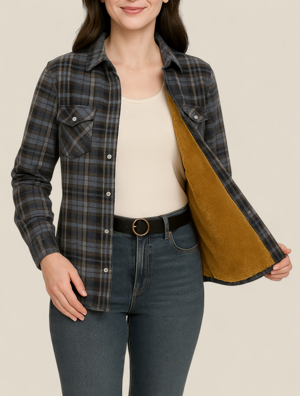 Women’s Plaid Shirt Jacket - Elegant Fleece Winter Slim Fit Blouse