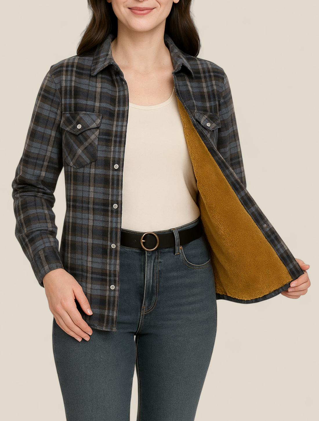 Women’s Plaid Shirt Jacket - Elegant Fleece Winter Slim Fit Blouse