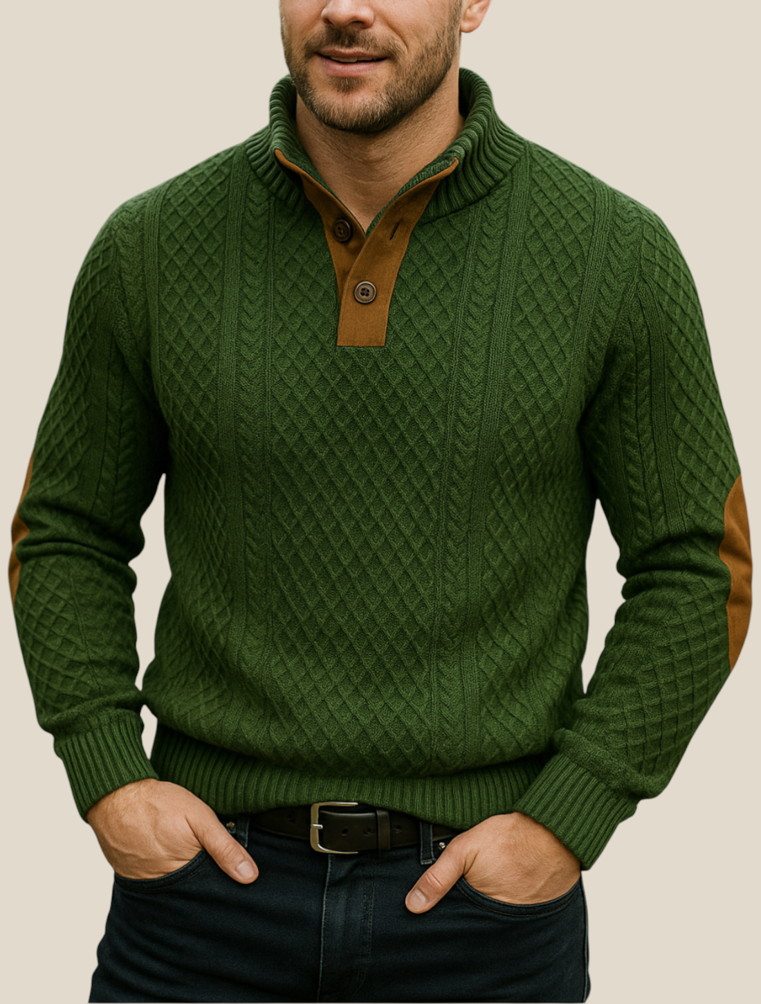 Men’s Jacquard Knit Jumper, Long Sleeve Button Sweatshirt, Casual Business Pullover