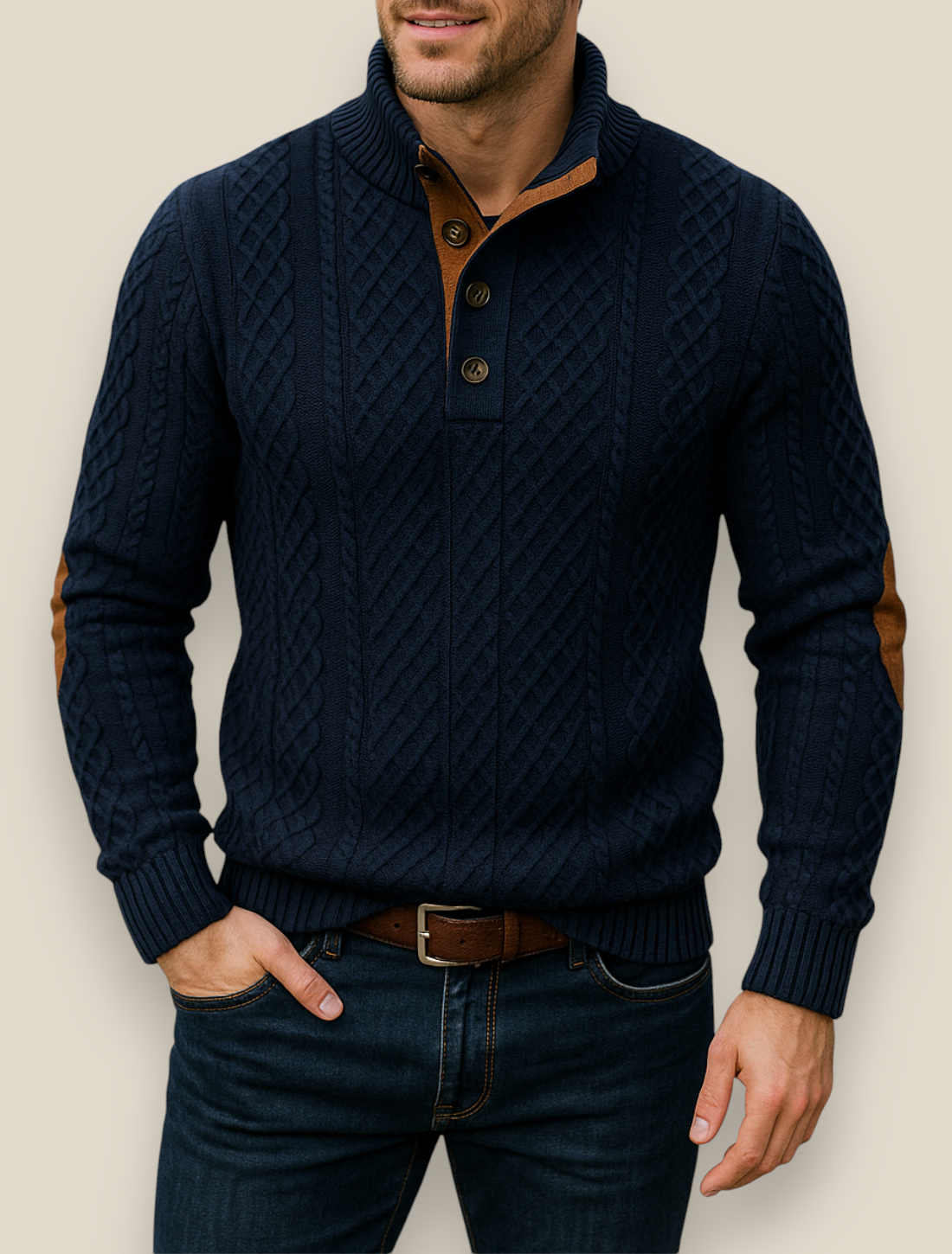 Men’s Jacquard Knit Jumper, Long Sleeve Button Sweatshirt, Casual Business Pullover
