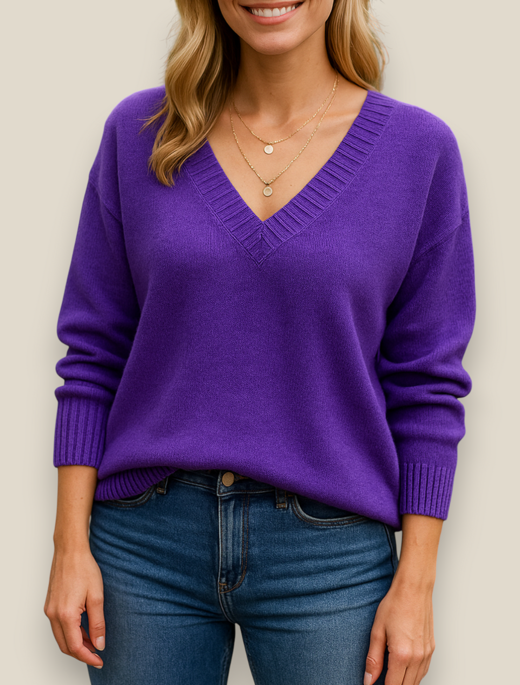 Women’s Casual Knit Jumper, Long Sleeve Winter V-Neck Sweatshirt