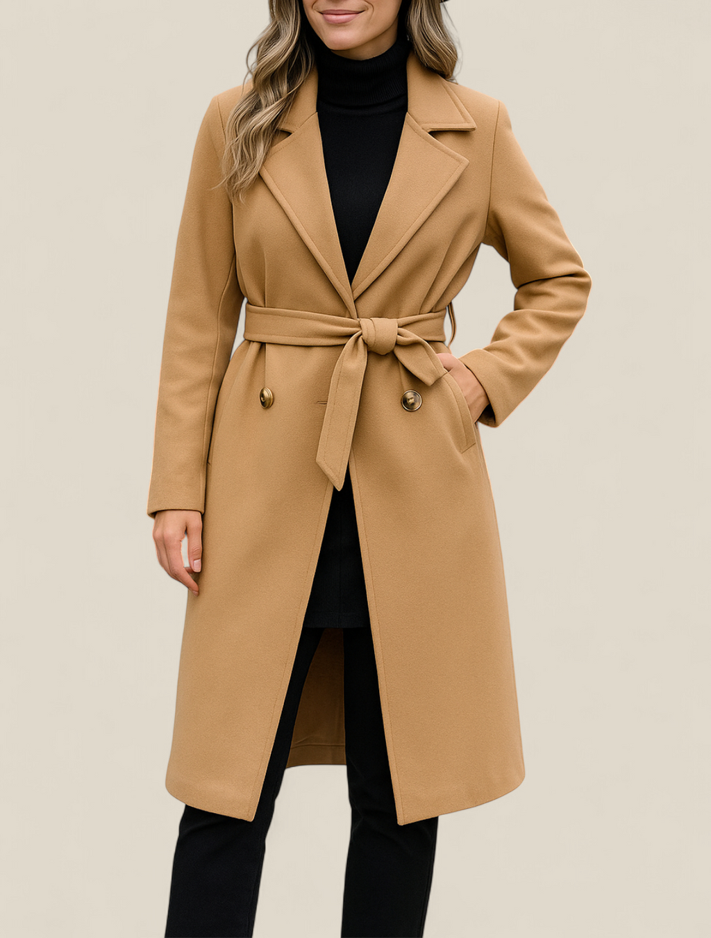 Women’s Wool Trench Coat, Double Breasted Overcoat, Belted Winter Jacket