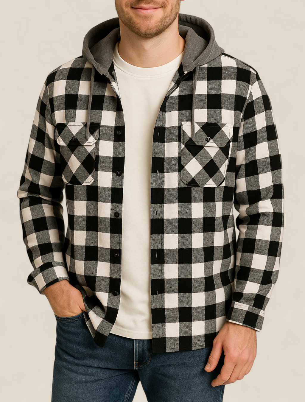 Men’s Hooded Flannel Shirt - Classic Plaid Long Sleeve Button Down Jacket
