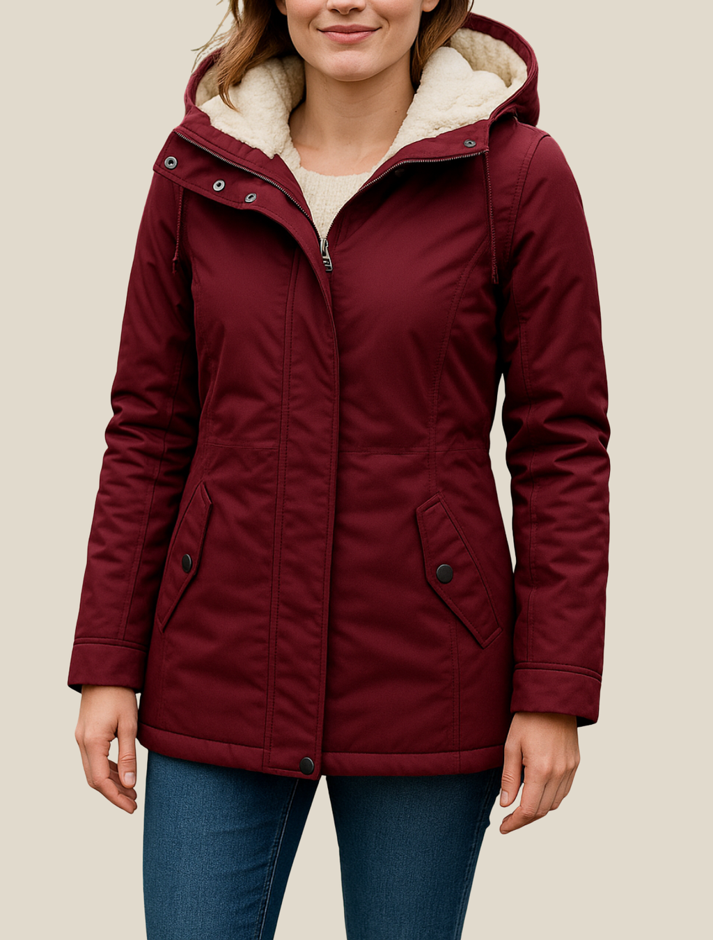 Women’s Hooded Jacket With Fleece Lining, Thick Warm Mid-Length Winter Coat For Winter