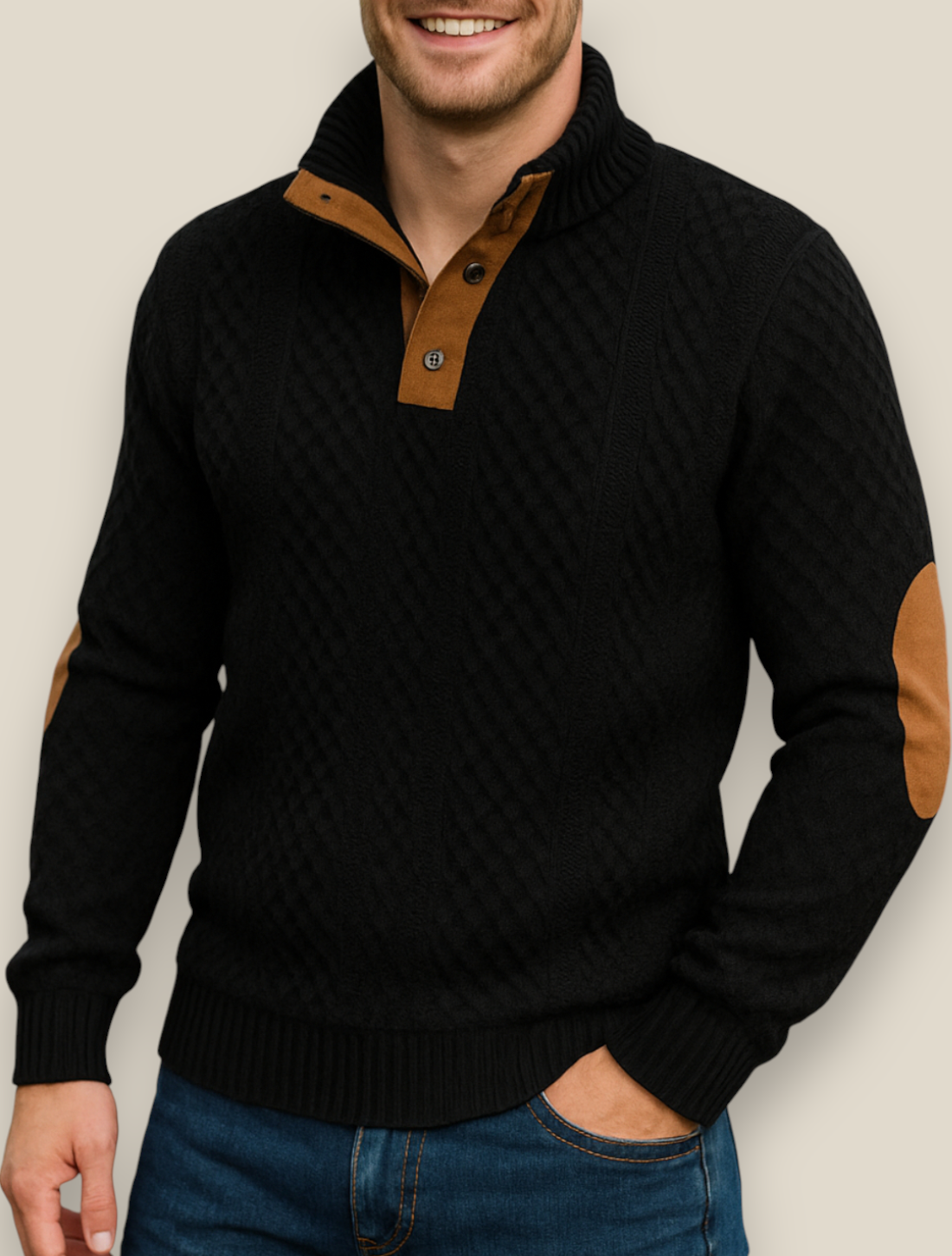 Men’s Jacquard Knit Jumper, Quilted Long Sleeve Sweater, Warm Casual Top