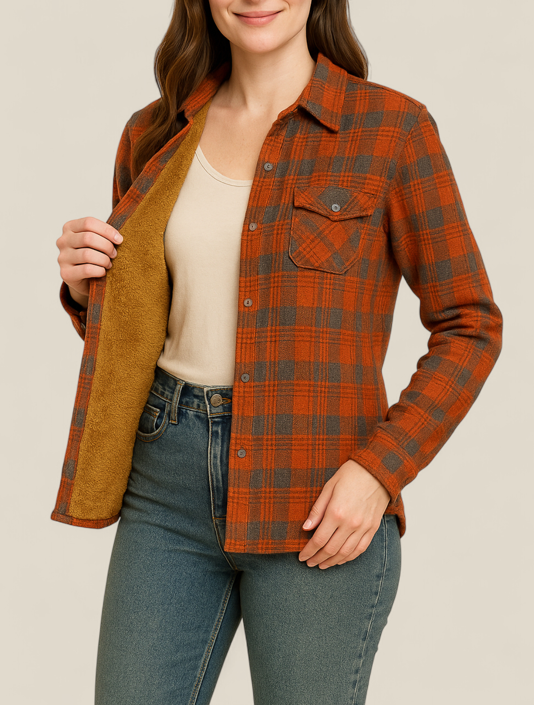 Women’s Plaid Shirt Jacket - Elegant Fleece Winter Slim Fit Blouse
