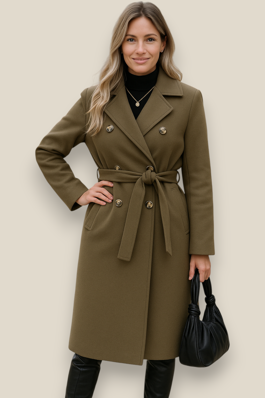 Women’s Belted Wool Coat - Double Breasted Elegant Long Sleeve Jacket