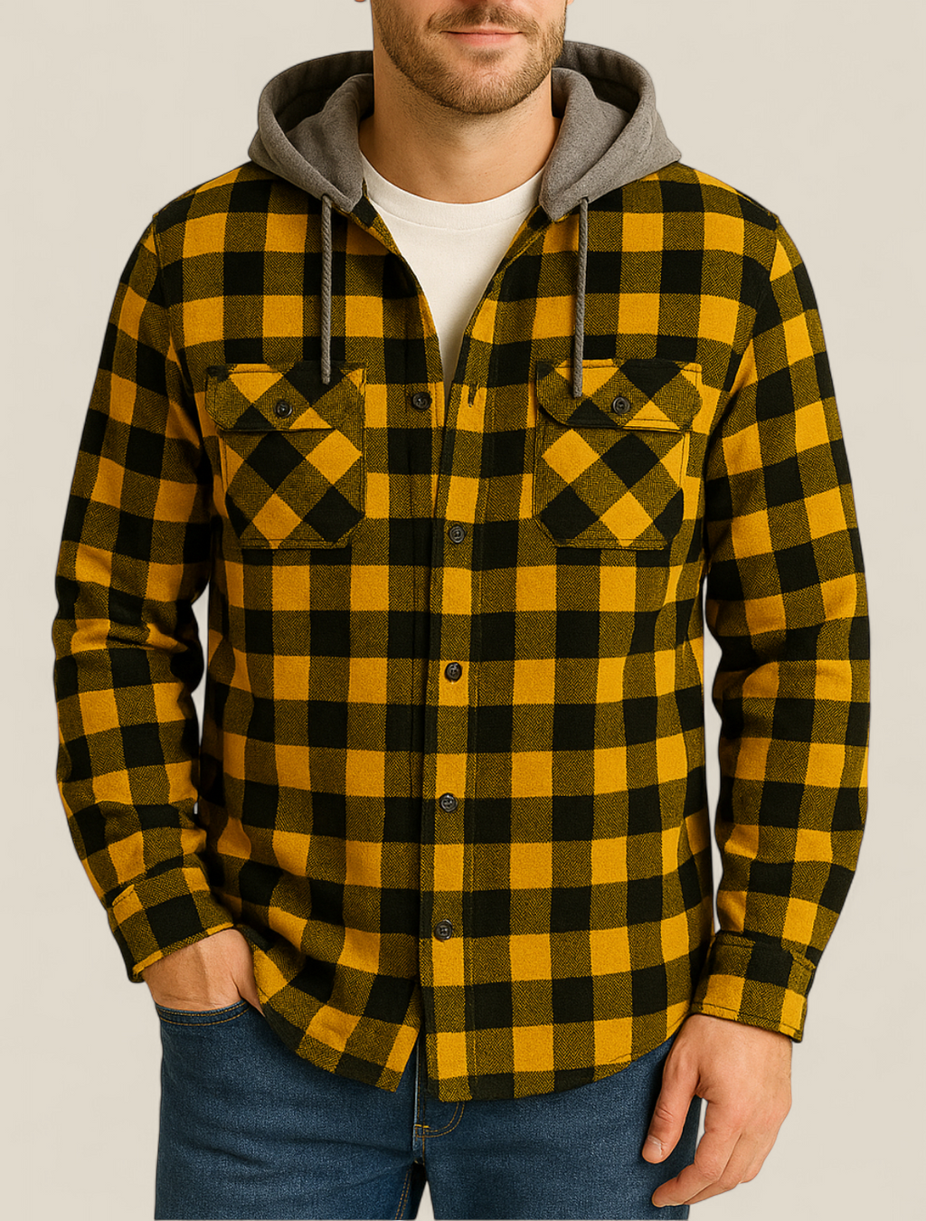 Men’s Hooded Flannel Shirt - Classic Plaid Long Sleeve Button Down Jacket