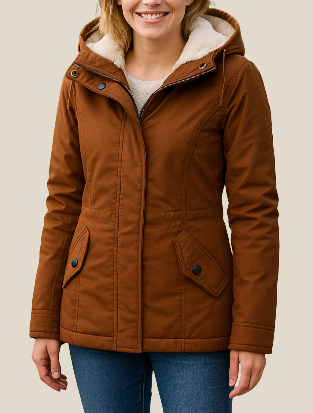 Women’s Hooded Jacket With Fleece Lining, Thick Warm Mid-Length Winter Coat For Winter
