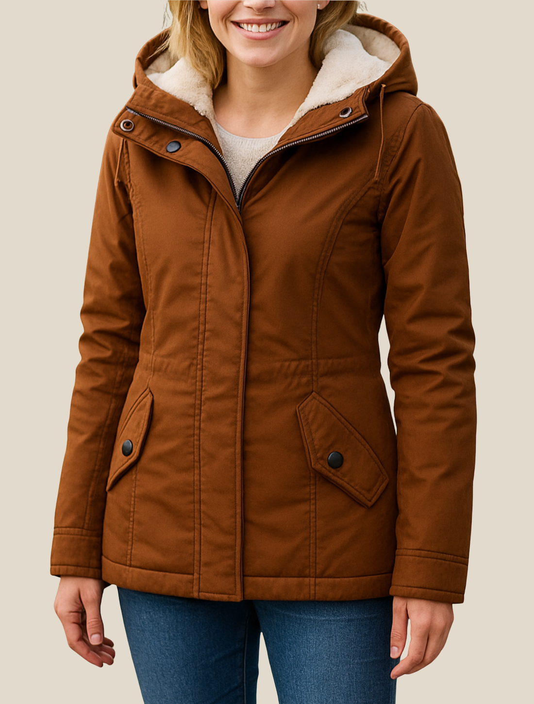 Women’s Hooded Jacket With Fleece Lining, Thick Warm Mid-Length Winter Coat For Winter