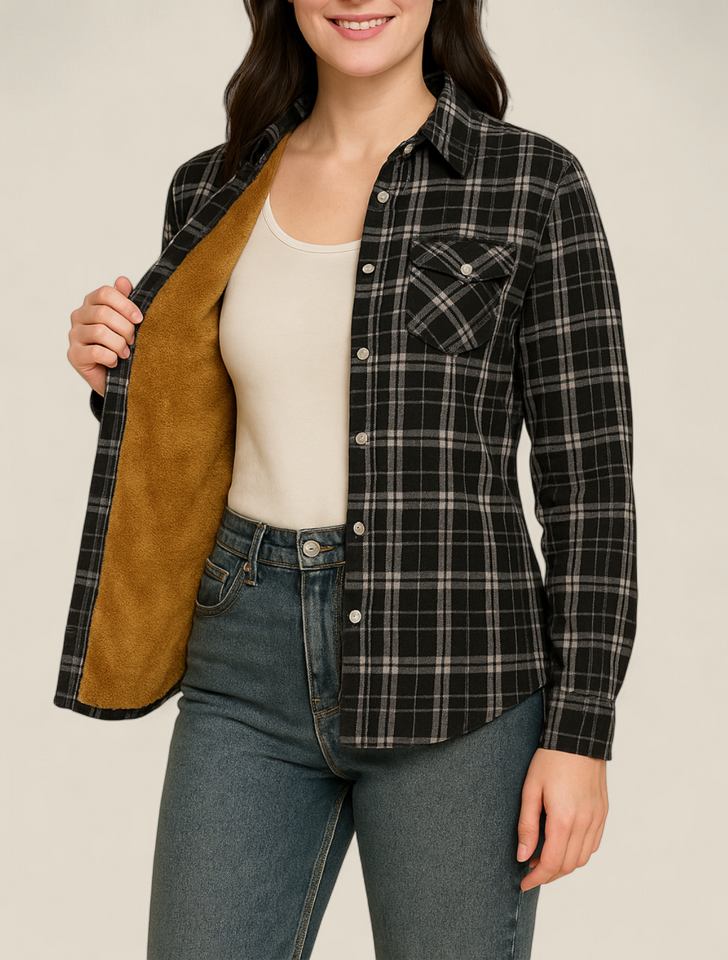 Women’s Plaid Shirt Jacket - Elegant Fleece Winter Slim Fit Blouse