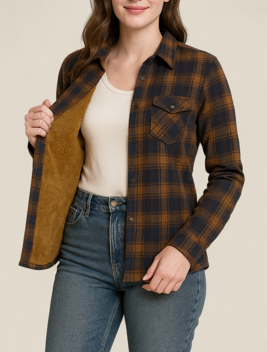 Women’s Plaid Shirt Jacket - Elegant Fleece Winter Slim Fit Blouse