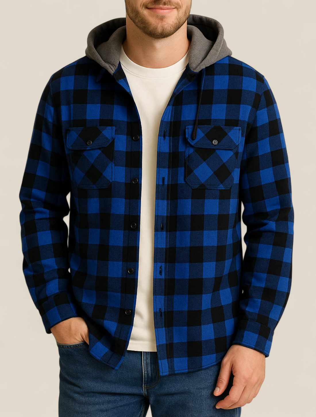 Men’s Hooded Flannel Shirt - Classic Plaid Long Sleeve Button Down Jacket