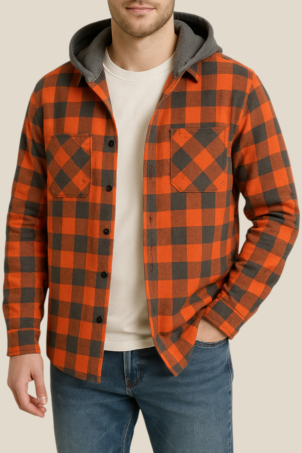 Men’s Hooded Flannel Shirt - Classic Plaid Long Sleeve Button Down Jacket