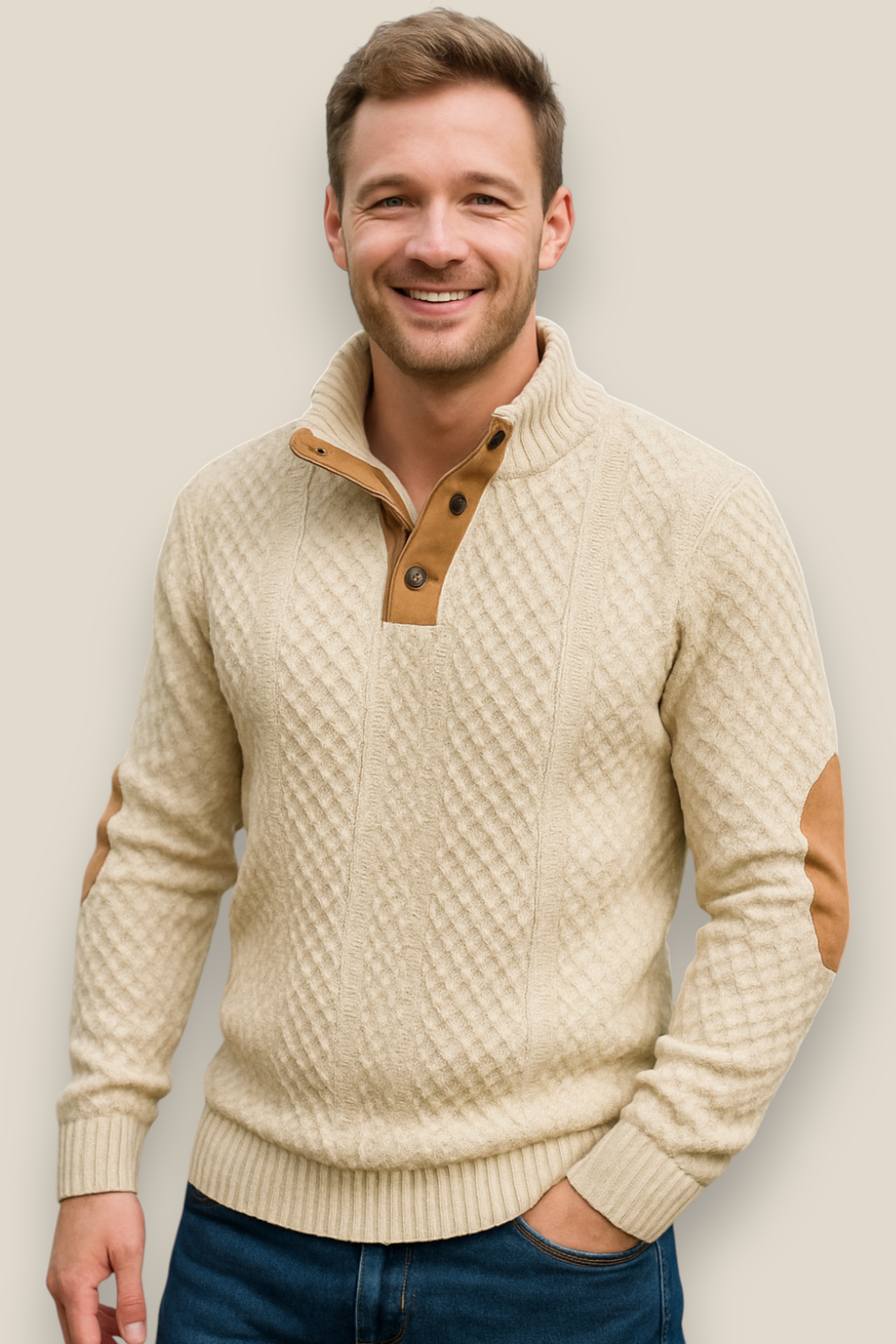 Men’s Jacquard Knit Jumper, Quilted Long Sleeve Sweater, Warm Casual Top