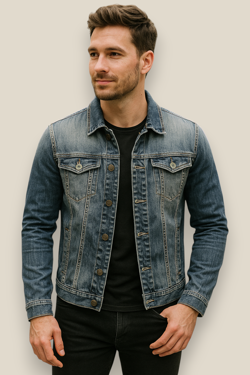 Men’s Slim Fit Denim Jacket, Collared Biker Style Coat, Casual Outerwear