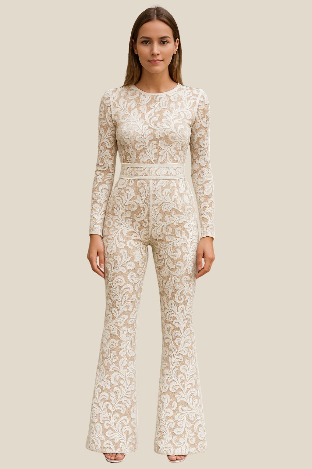 Ladies Lace Bodycon Jumpsuit, Floral Embroidered Long Sleeve Slim Winter Romper