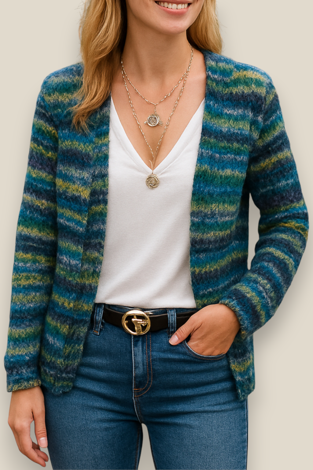 Women’s Knitted Cropped Cardigan, Relaxed Fit Sweater Jacket, Elegant Striped Top