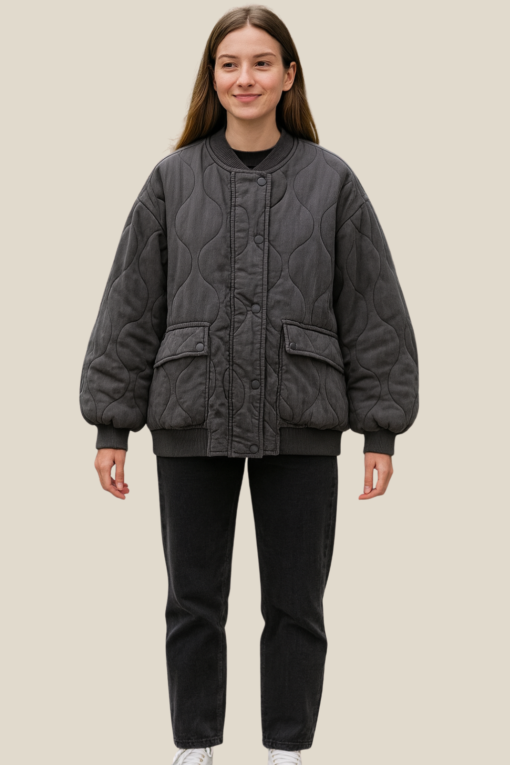 Women’s Quilted Bomber Jacket, Casual Warm Padded Winter Coat Long Sleeve With Zip