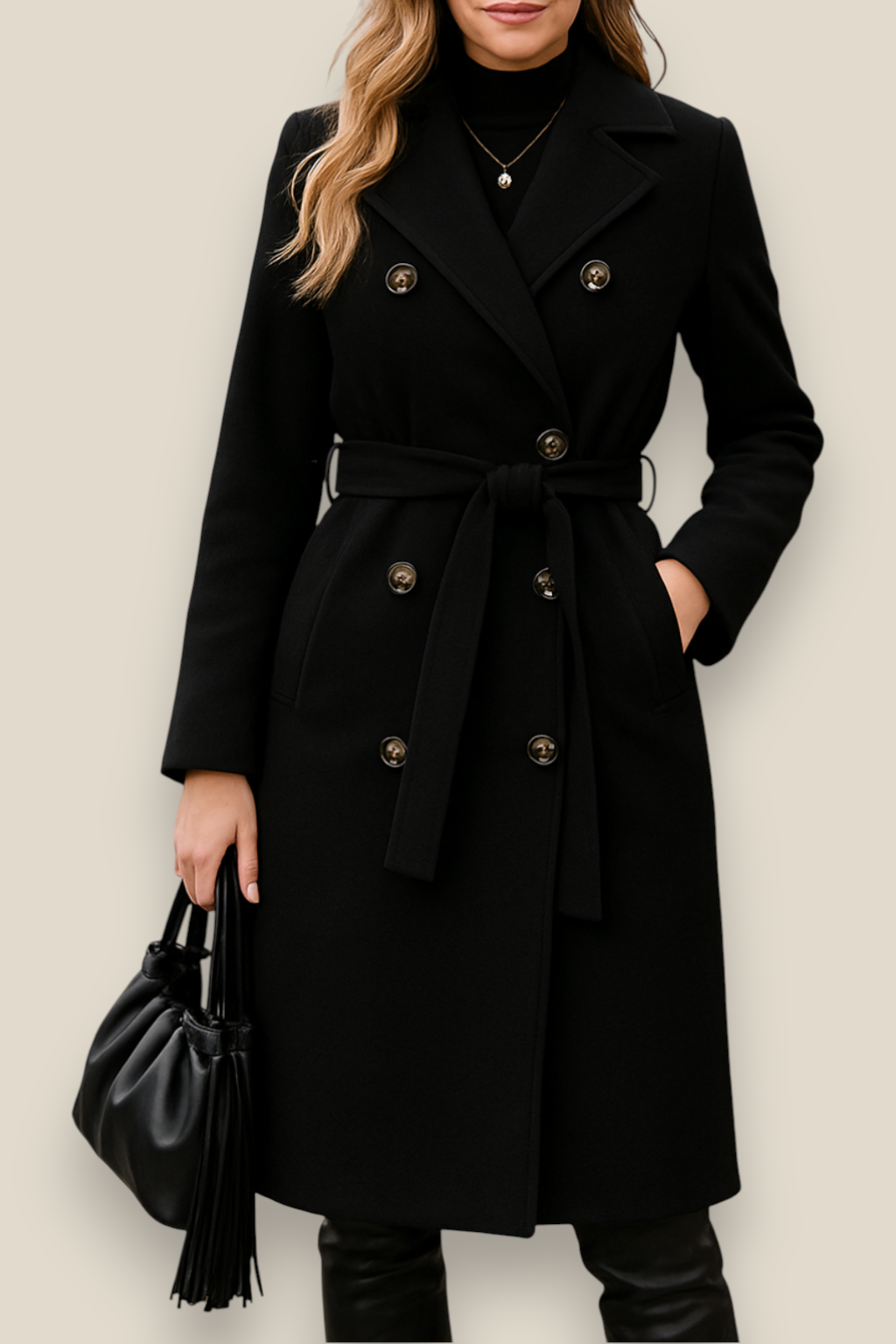 Women’s Belted Wool Coat - Double Breasted Elegant Long Sleeve Jacket