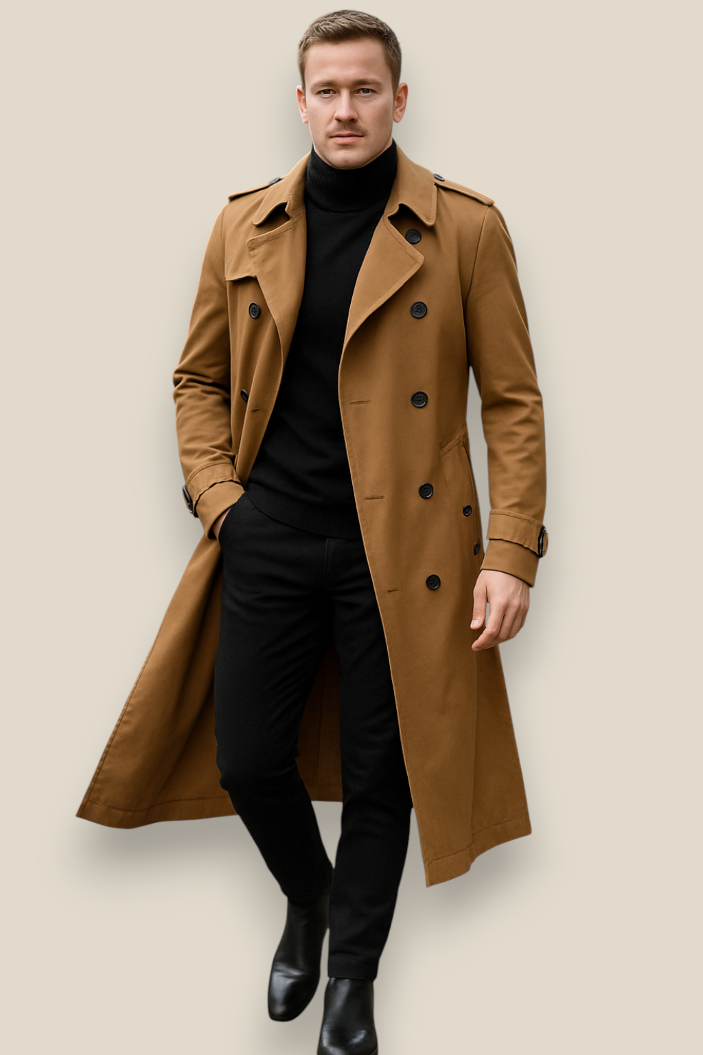 Men’s Long Trench Coat - Vintage Styled Overcoat Jacket