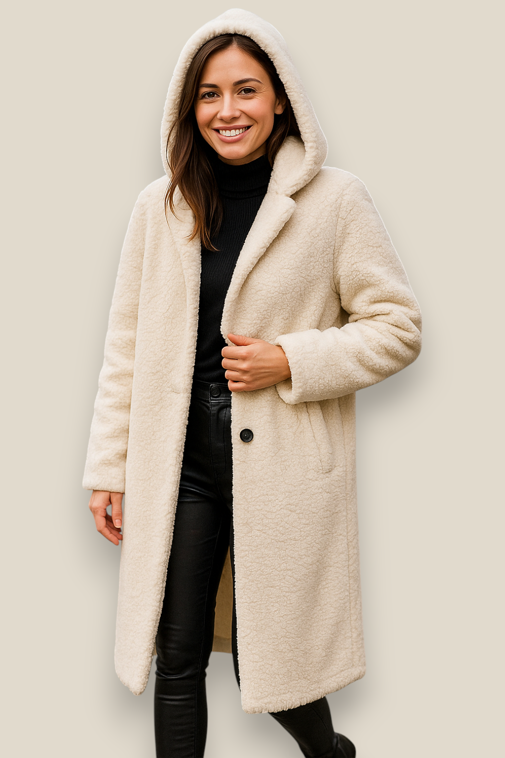 Women’s Plush Hooded Coat, Long Sleeve Single Button Jacket, Warm Winter Overcoat