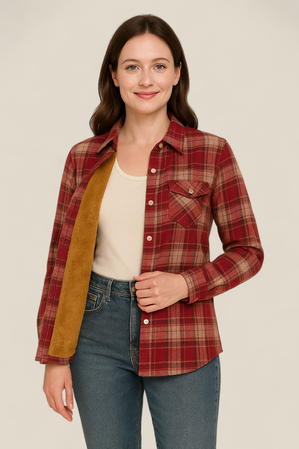 Women’s Plaid Shirt Jacket - Elegant Fleece Winter Slim Fit Blouse