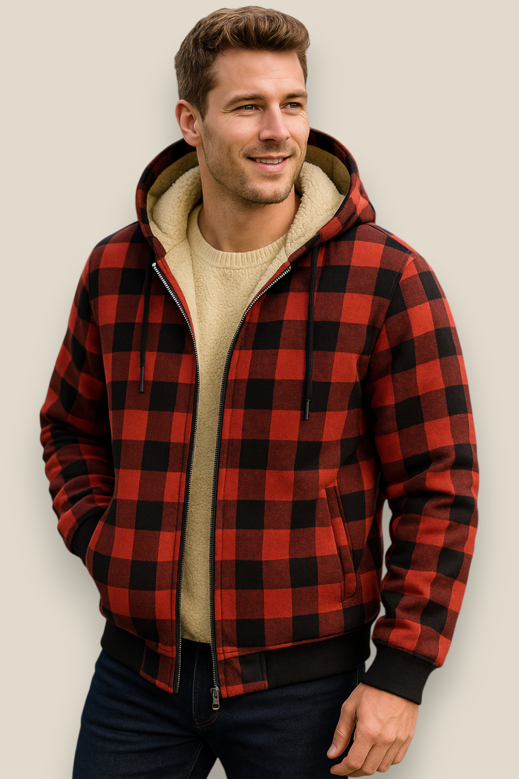 Men’s Lambswool Hooded Jacket - Checked Fleece Zip Up Cardigan