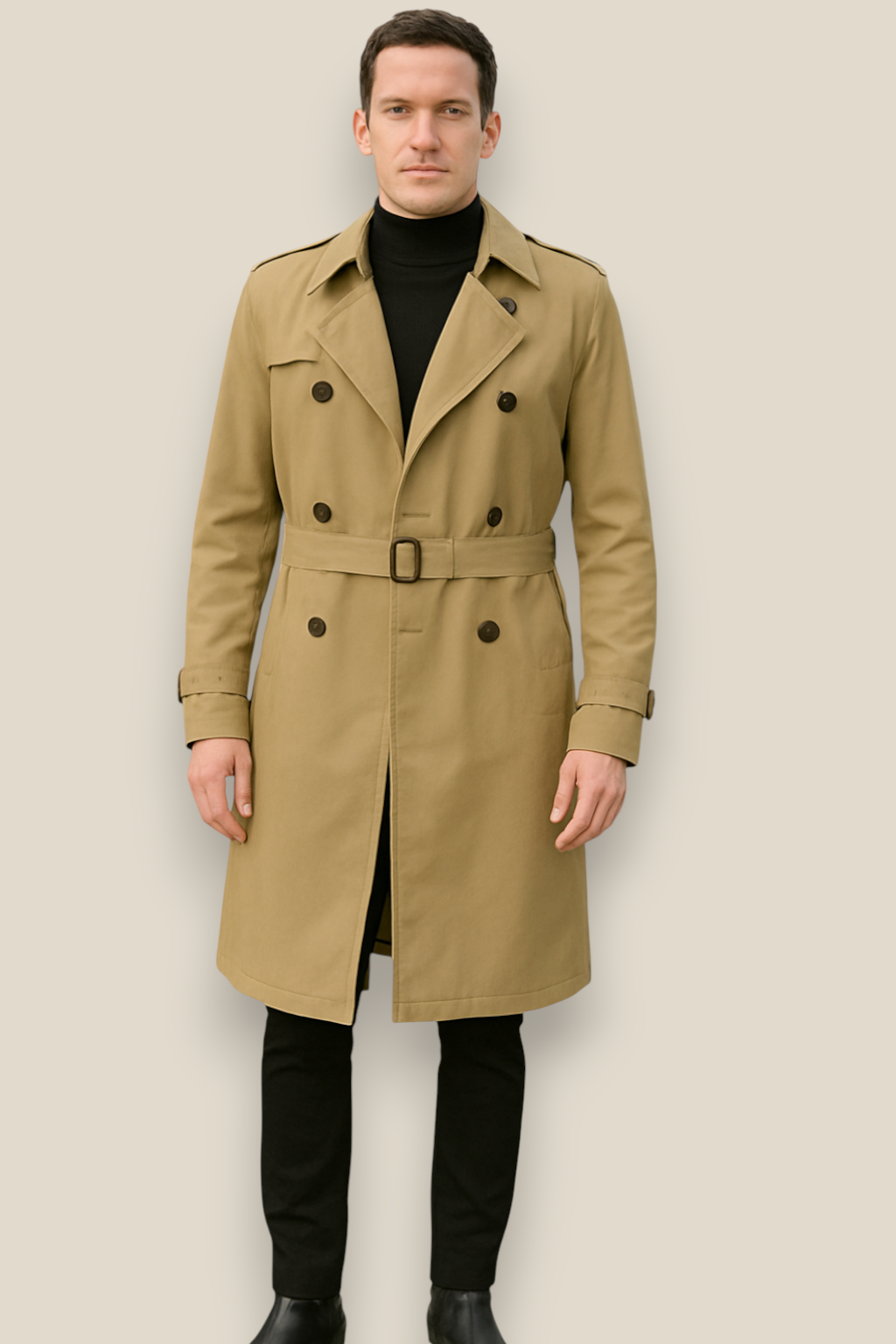 Men’s Long Trench Coat, Classic Belted Windbreaker, Warm Winter Jacket