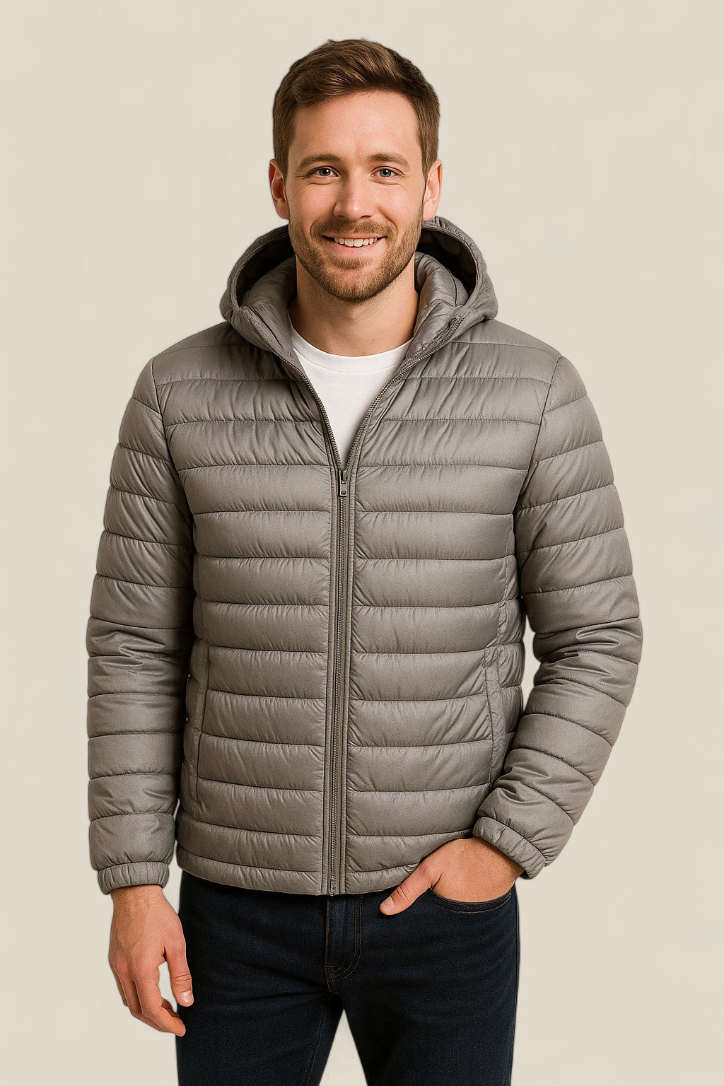 Men’s Lightweight Down Jacket, Slim Fit Hooded Puffer Coat
