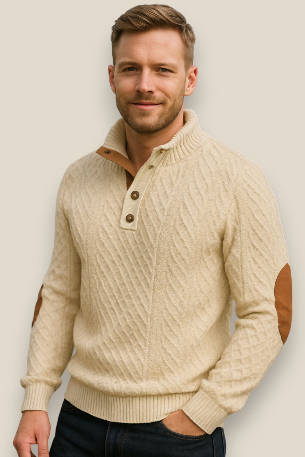 Men’s Jacquard Knit Jumper, Long Sleeve Button Sweatshirt, Casual Business Pullover