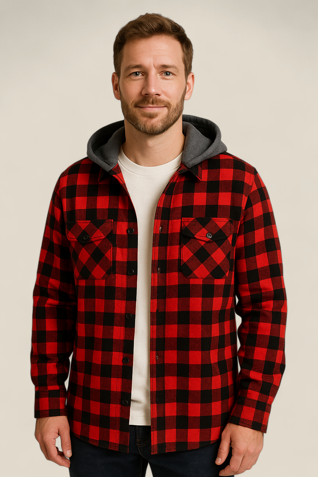 Men’s Hooded Flannel Shirt - Classic Plaid Long Sleeve Button Down Jacket