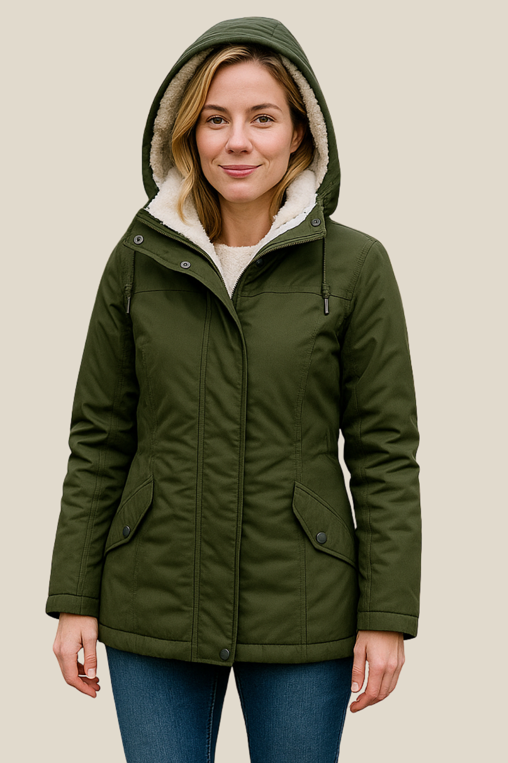 Women’s Hooded Jacket With Fleece Lining, Thick Warm Mid-Length Winter Coat For Winter