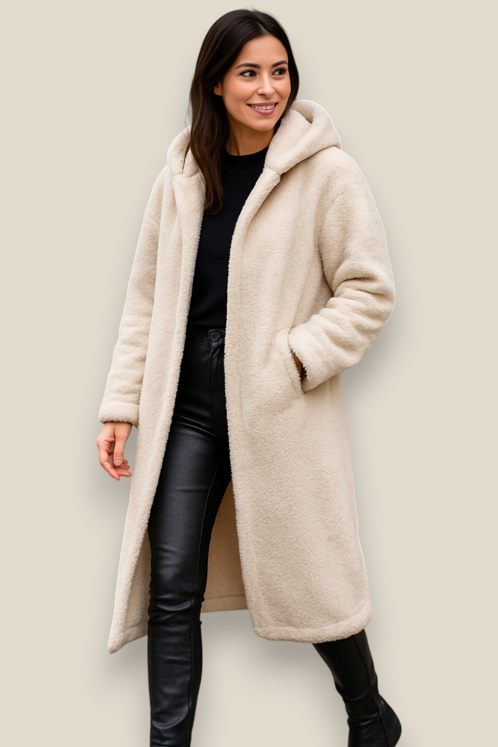 Women’s Plush Hooded Coat, Long Sleeve Single Button Jacket, Warm Winter Overcoat